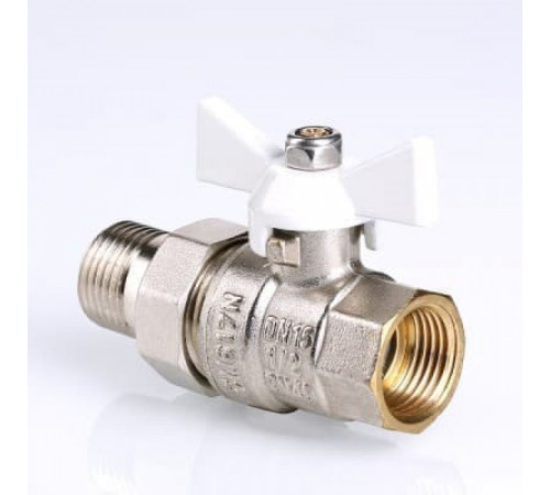 Кран шаровой VALTEC BASE с полусгоном (американкой), бабочка белая 1/2'