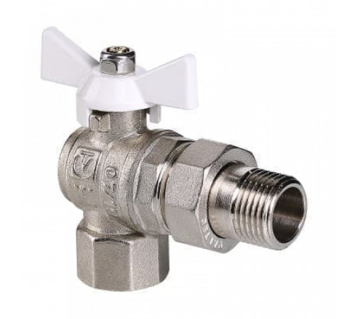 Кран шаровой VALTEC BASE угловой с полусгоном (американкой), бабочка белая 3/4'